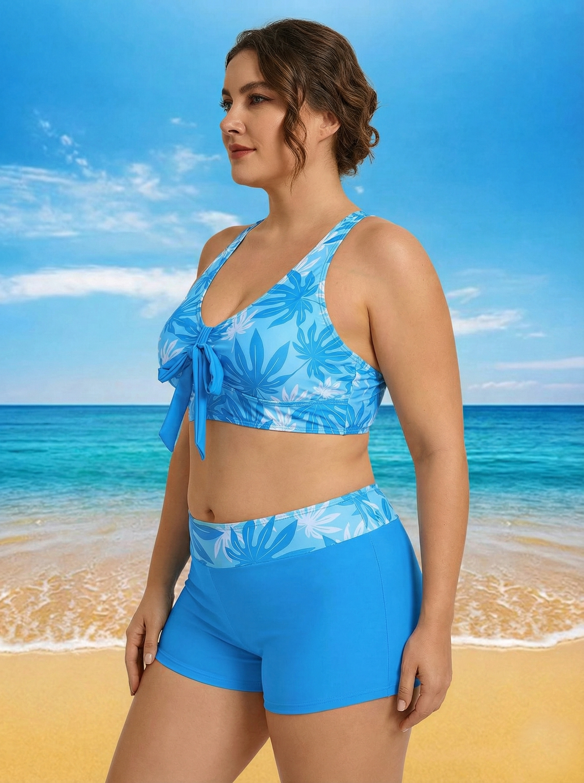 Floral Print Tie-Front Bikini for Women - Black V-Neck Bikini Top and High Waisted Boy Short Bottoms Blue