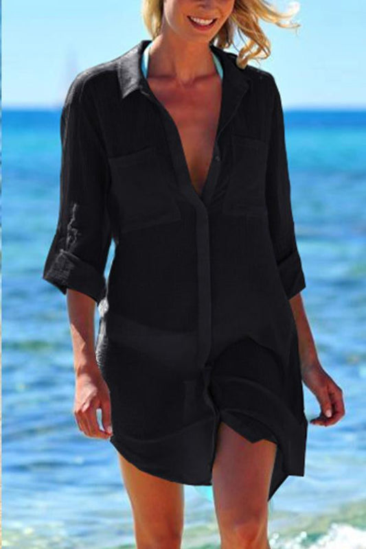 Solid Color Roll Up Sleeve Cover Up Black