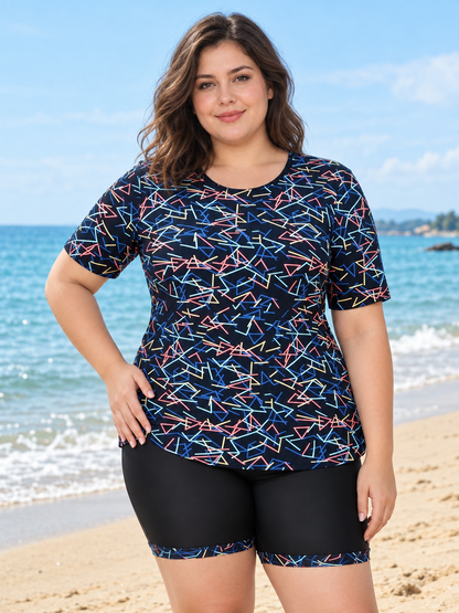 Plus Size Geometric Short Sleeve Tankini with Boyleg Shorts