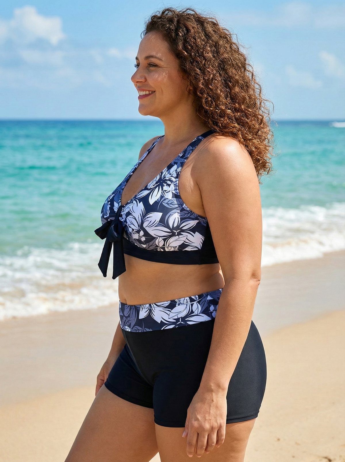 Floral Print Tie-Front Bikini for Women - Black V-Neck Bikini Top and High Waisted Boy Short Bottoms Black