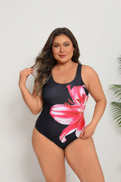 Plus Size Pink Lily Print One-Piece Swimsuit