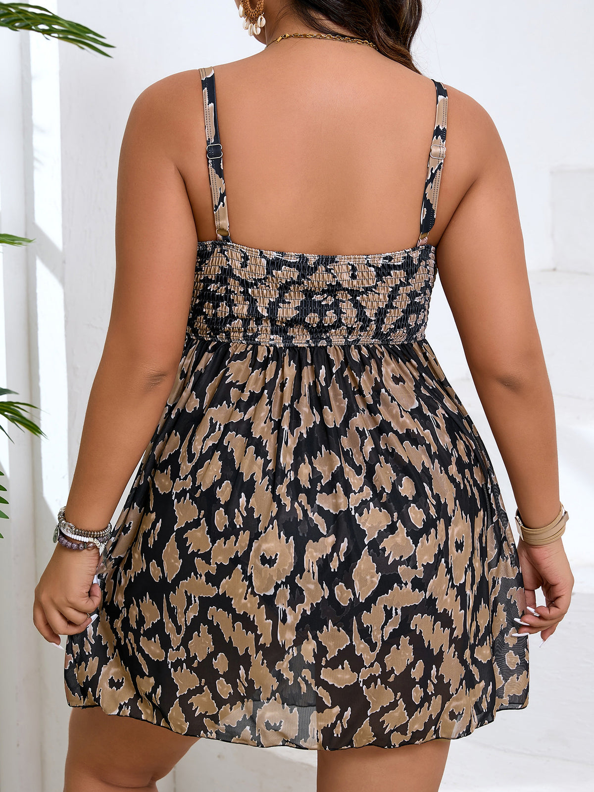 Plus-Size Mesh Skirt Swimsuit with Slimming Tummy Coverage Leopard print