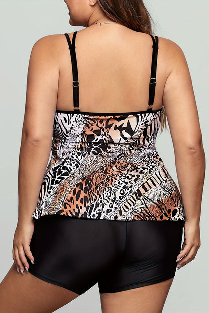 Plus Size Animal Print Tankini Set with Boyleg Shorts