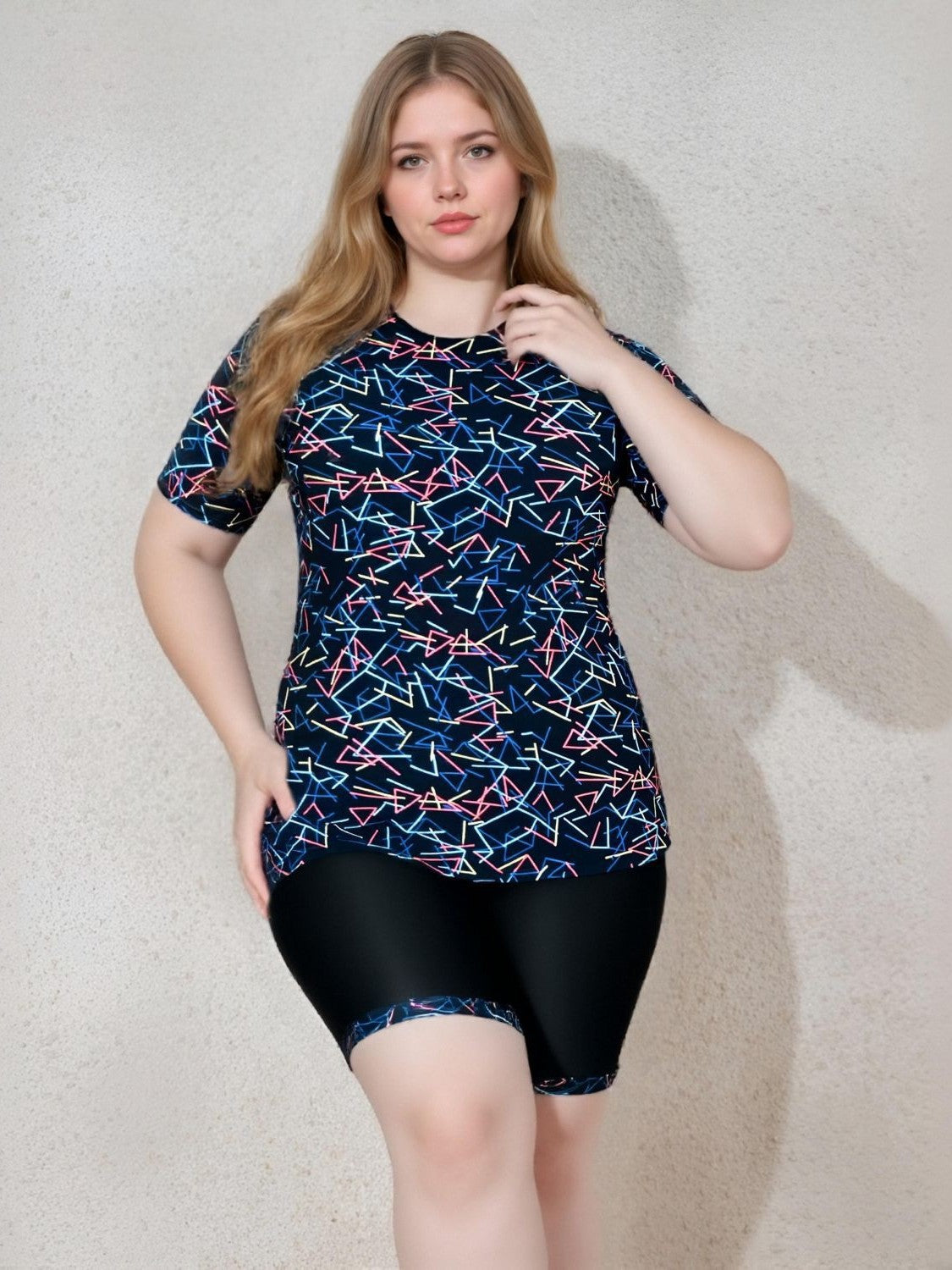Plus Size Geometric Short Sleeve Tankini with Boyleg Shorts