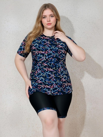 Plus Size Geometric Short Sleeve Tankini with Boyleg Shorts