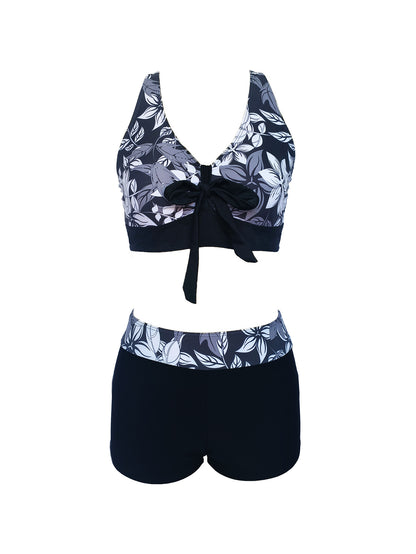 Floral Print Tie-Front Bikini for Women - Black V-Neck Bikini Top and High Waisted Boy Short Bottoms Black