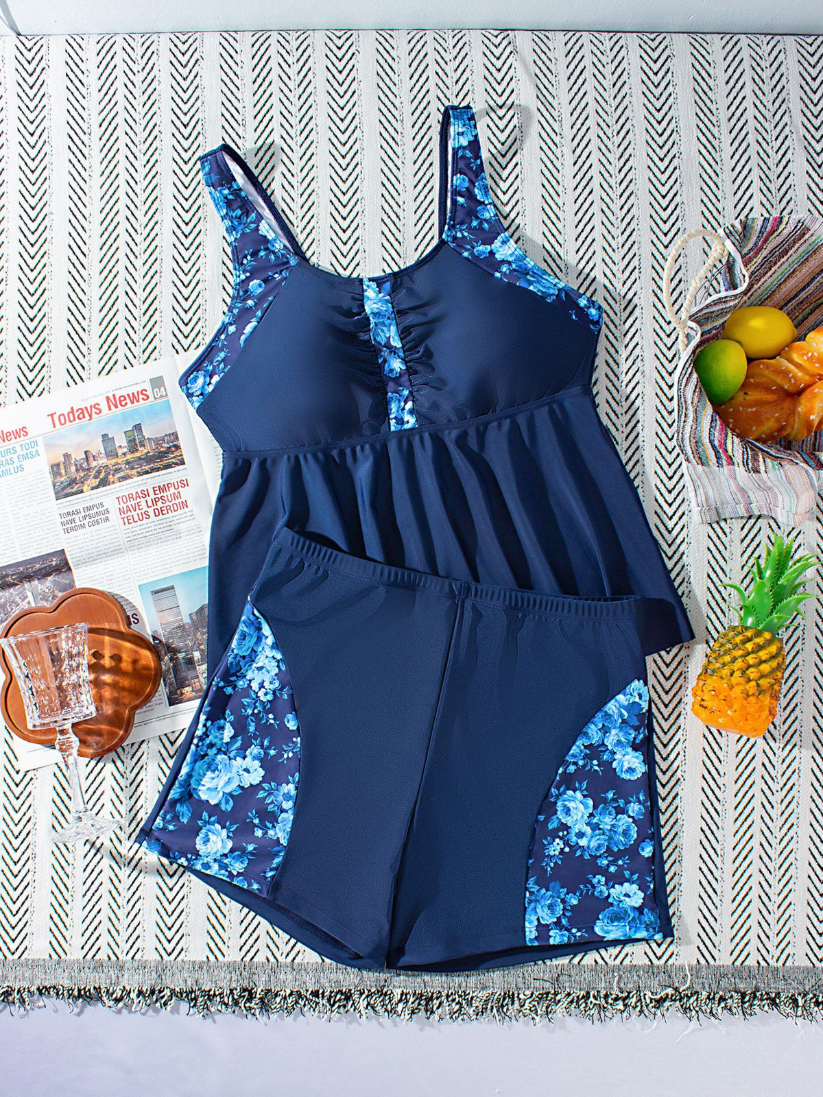 Navy Floral Peplum Tankini Set with Tummy Control & Boy-leg Shorts