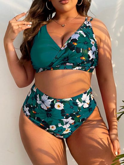 Plus Size Floral Wrap Bikini Set with High-Waisted Bottoms