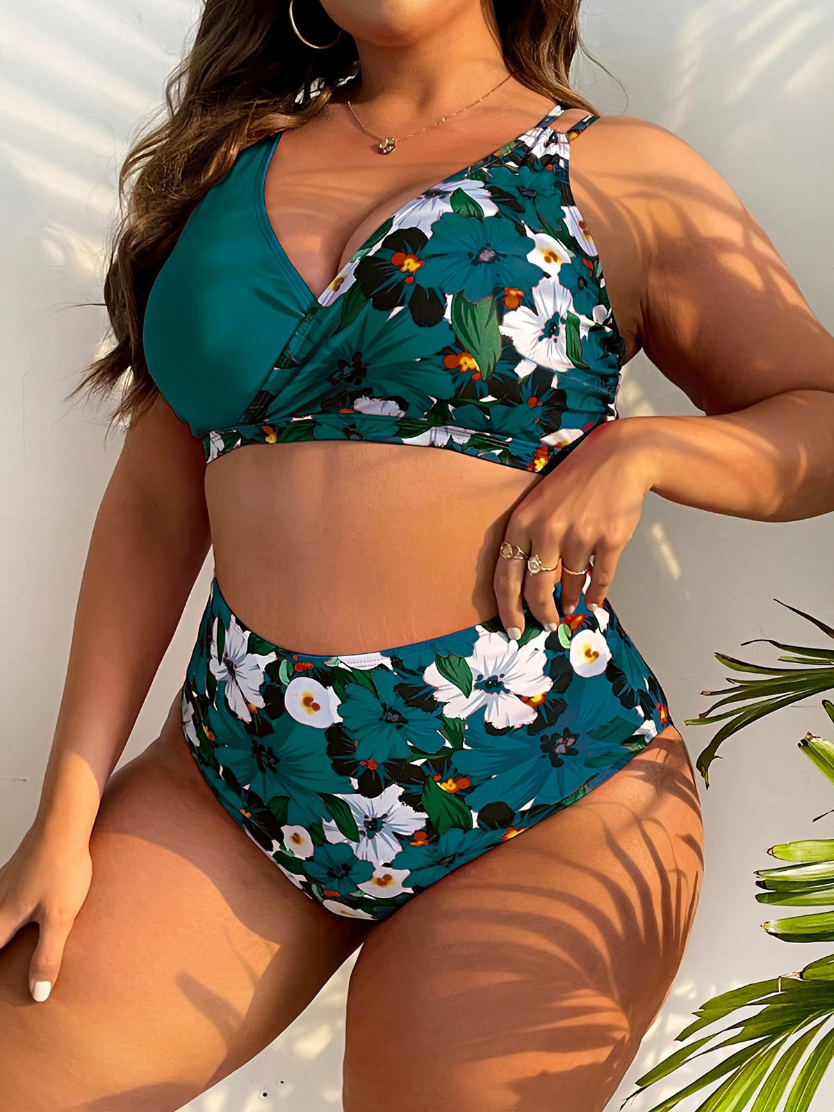 Plus Size Floral Wrap Bikini Set with High-Waisted Bottoms