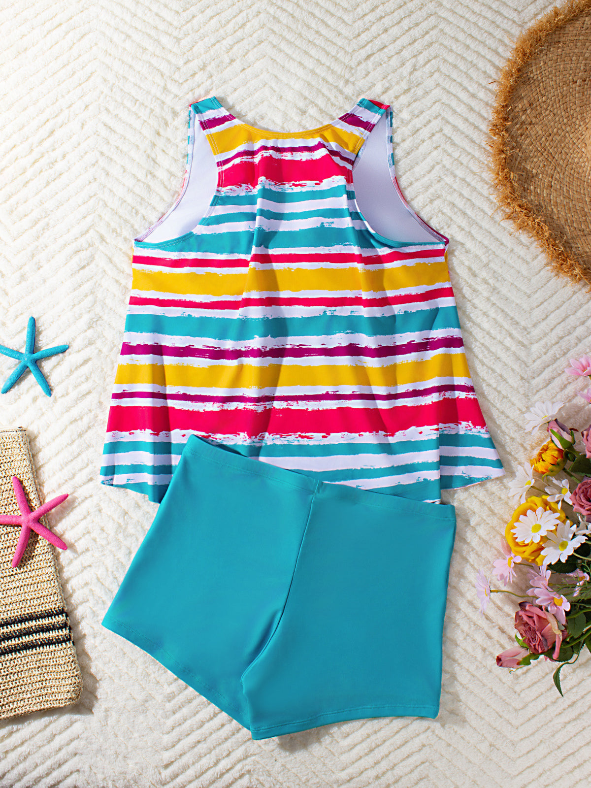 Vibrant Multi-Stripe Tankini Set with Comfortable Boy Shorts - Tummy Control Plus Size Bathers for Women