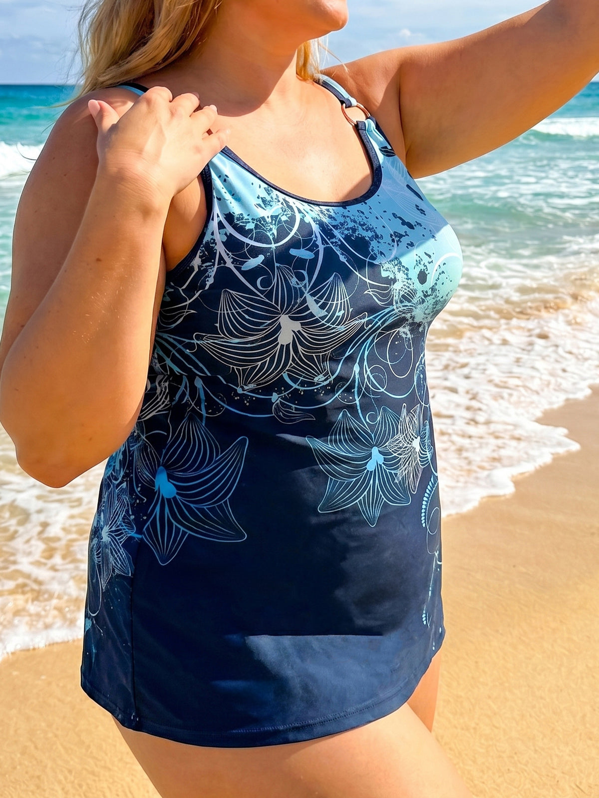 Plus Size Navy Floral Swim Dress with Adjustable Straps