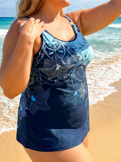 Plus Size Navy Floral Swim Dress with Adjustable Straps
