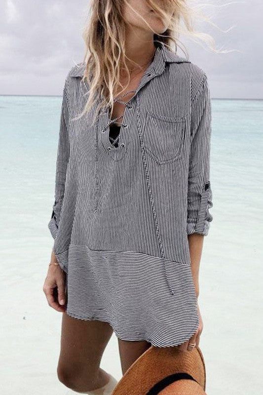 Striped V-Neck Beach Cover-Up Shirt – Long Sleeve UV Protection with Tie Detail