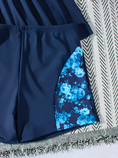 Navy Floral Peplum Tankini Set with Tummy Control & Boy-leg Shorts