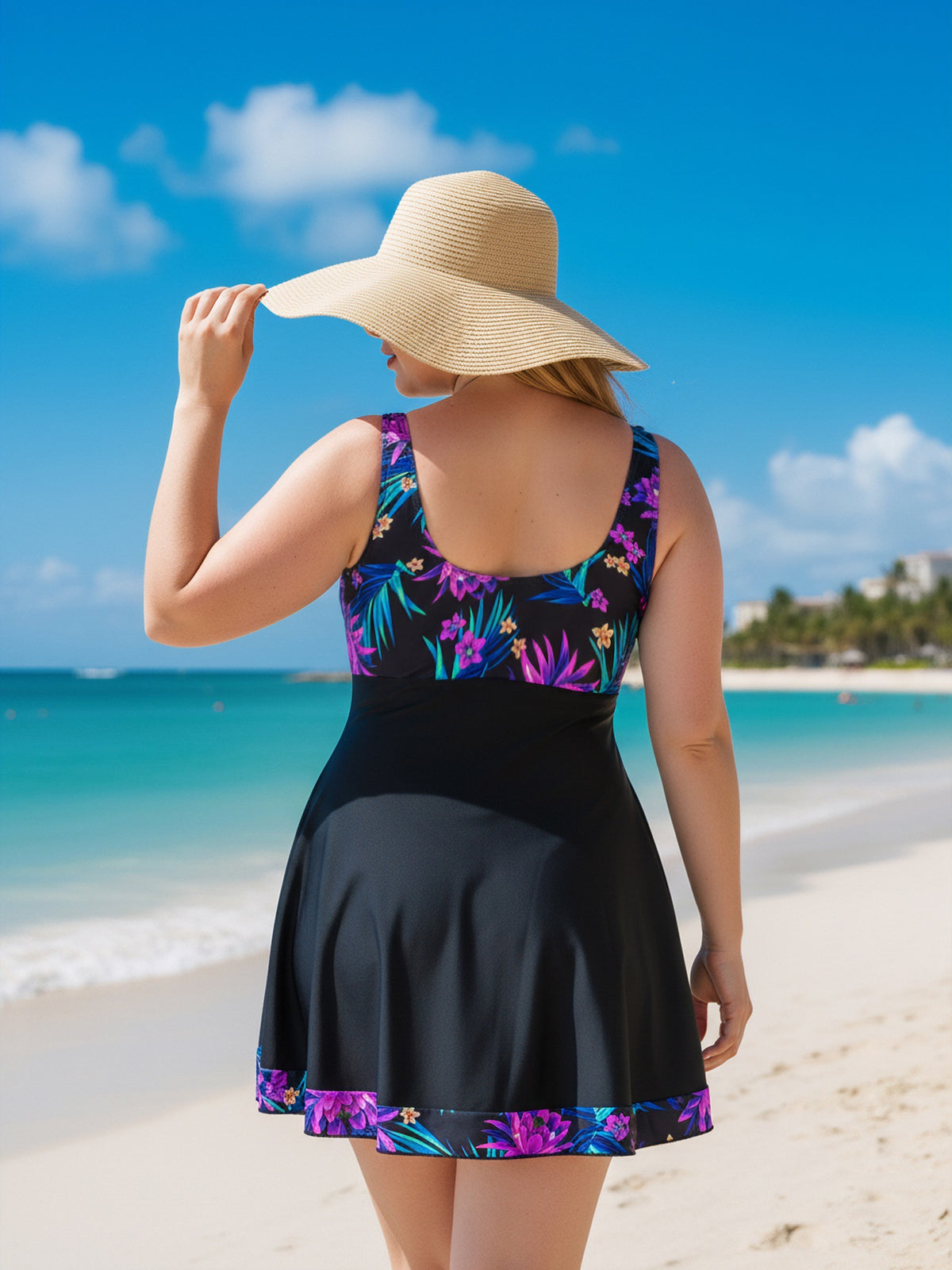 Women's Plus Size Floral Print Swim Dress with Bow Knot