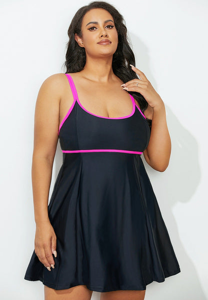 Scoop Neck Peplum Swimdress Black & Purple