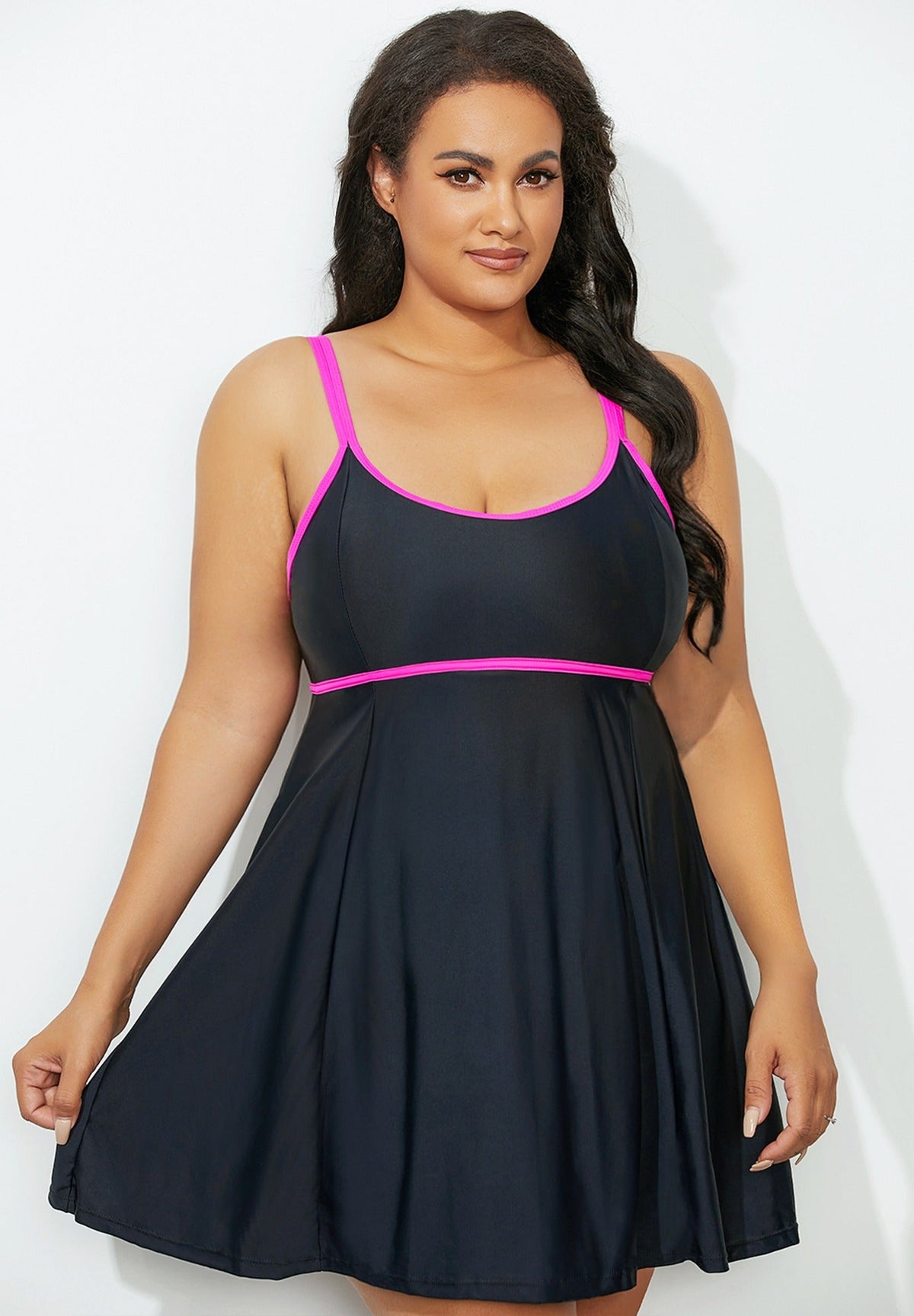 Scoop Neck Peplum Swimdress Black & Purple